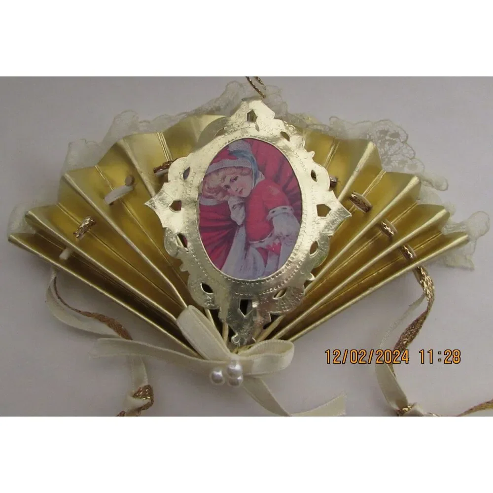 Vintage Christmas ornament gold fan with lace and beads Victorian girl